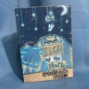 Handmade whimsical Mountain bird quote  5X7 Reach High Stars Take Naps blue joy